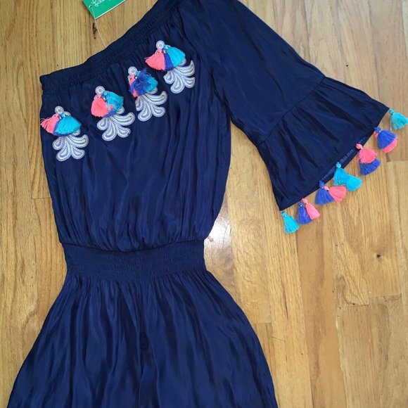 NWT * Lilly Pulitzer Amerie Romper XL Navy Blue Off Shoulder Tassels 1 Sleeve - Picture 2 of 7